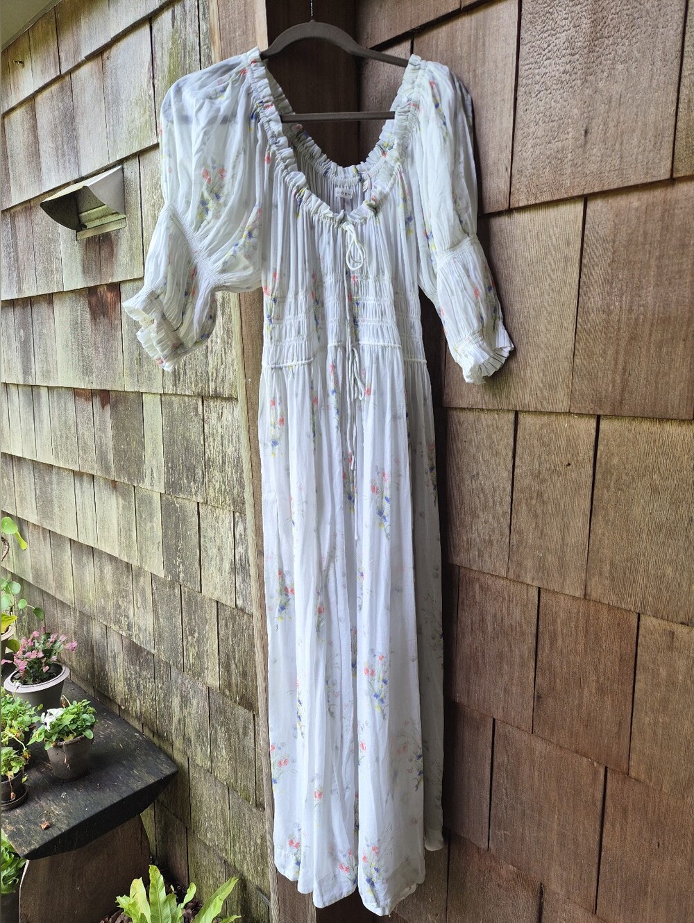 DÔEN Floral Smocked Cotton Gauze Maxi Dress XXL White Romantic Boho